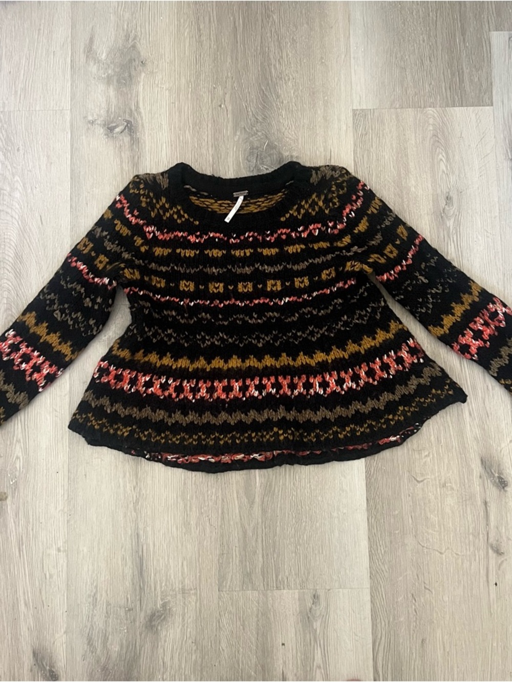 Free People Black Fair Isle Sweater with Mustard and Rust Details